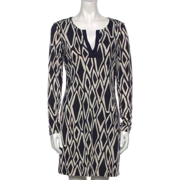 Diane von Furstenberg Navy White Diamond Print Tunic Dress Long Sleeve Size 10 E - Picture 1 of 6